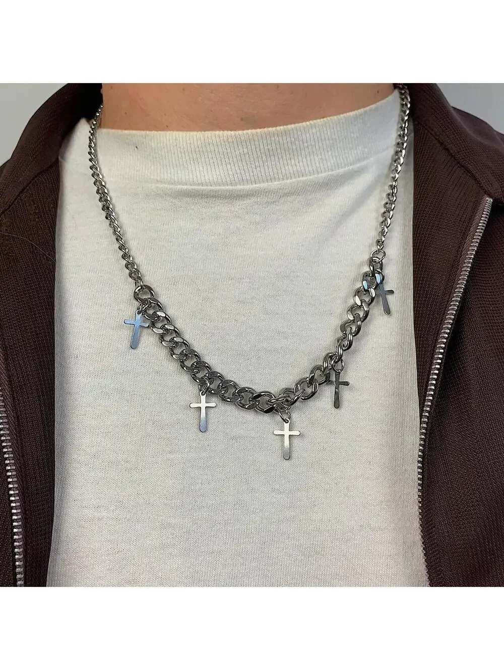 Stainless steel Cyber y2k 2000s style Multi Cross Cuban Link Necklace. 22.5